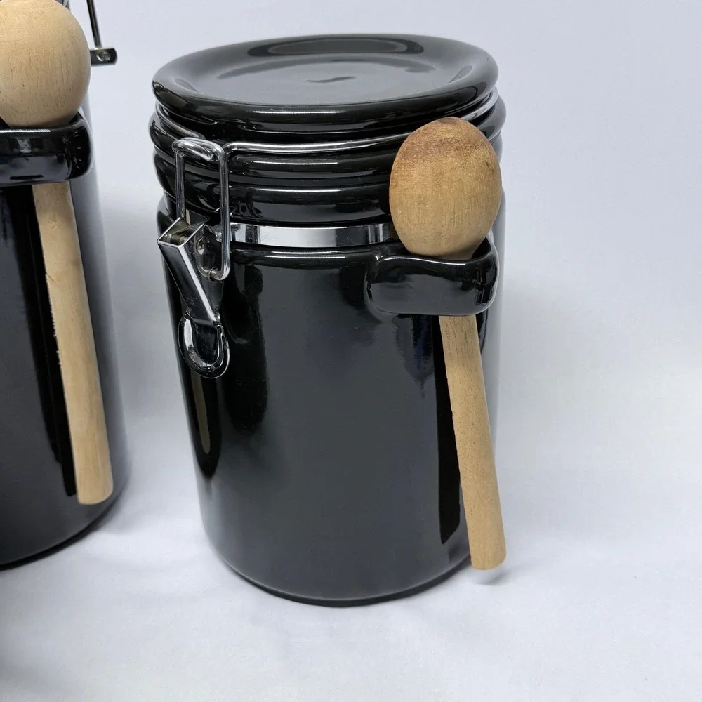 Black Ceramic Canister Set 4 Piece Airtight Locking Lids with Wooden Spoons